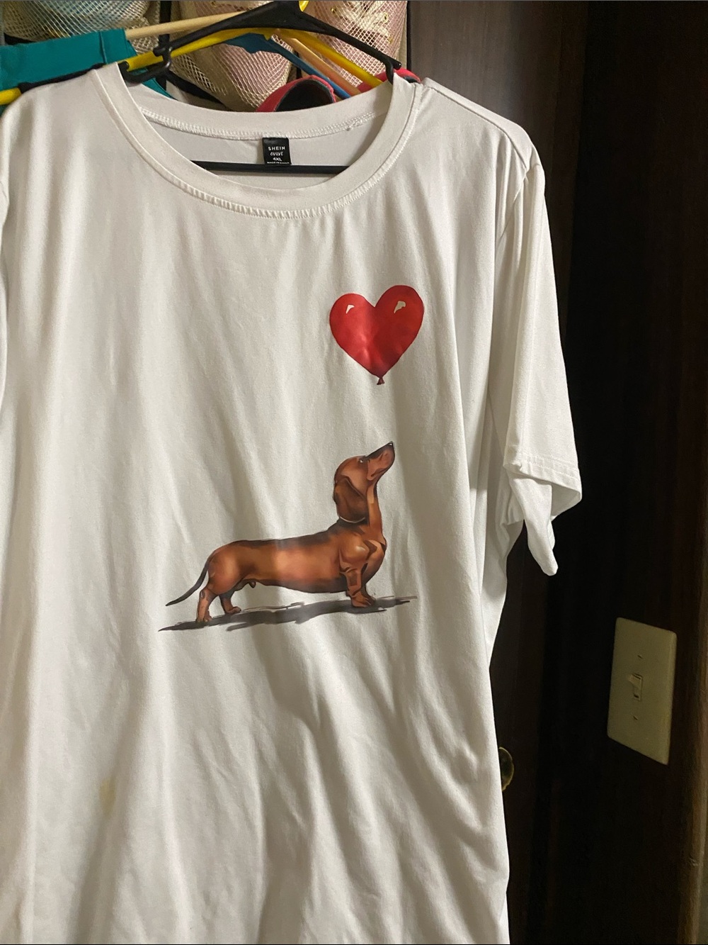 SHEIN White Tee with Brown Dachshund and Red Heart Balloon
Never worn has no